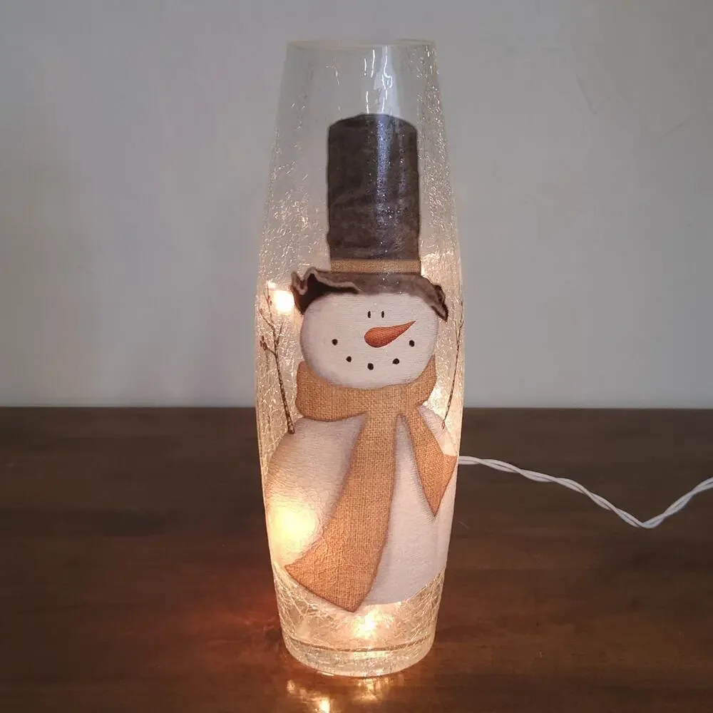Pier 1 Imports Snowman Glass Hurricane Lamp Christmas Cottage Whimsical Country